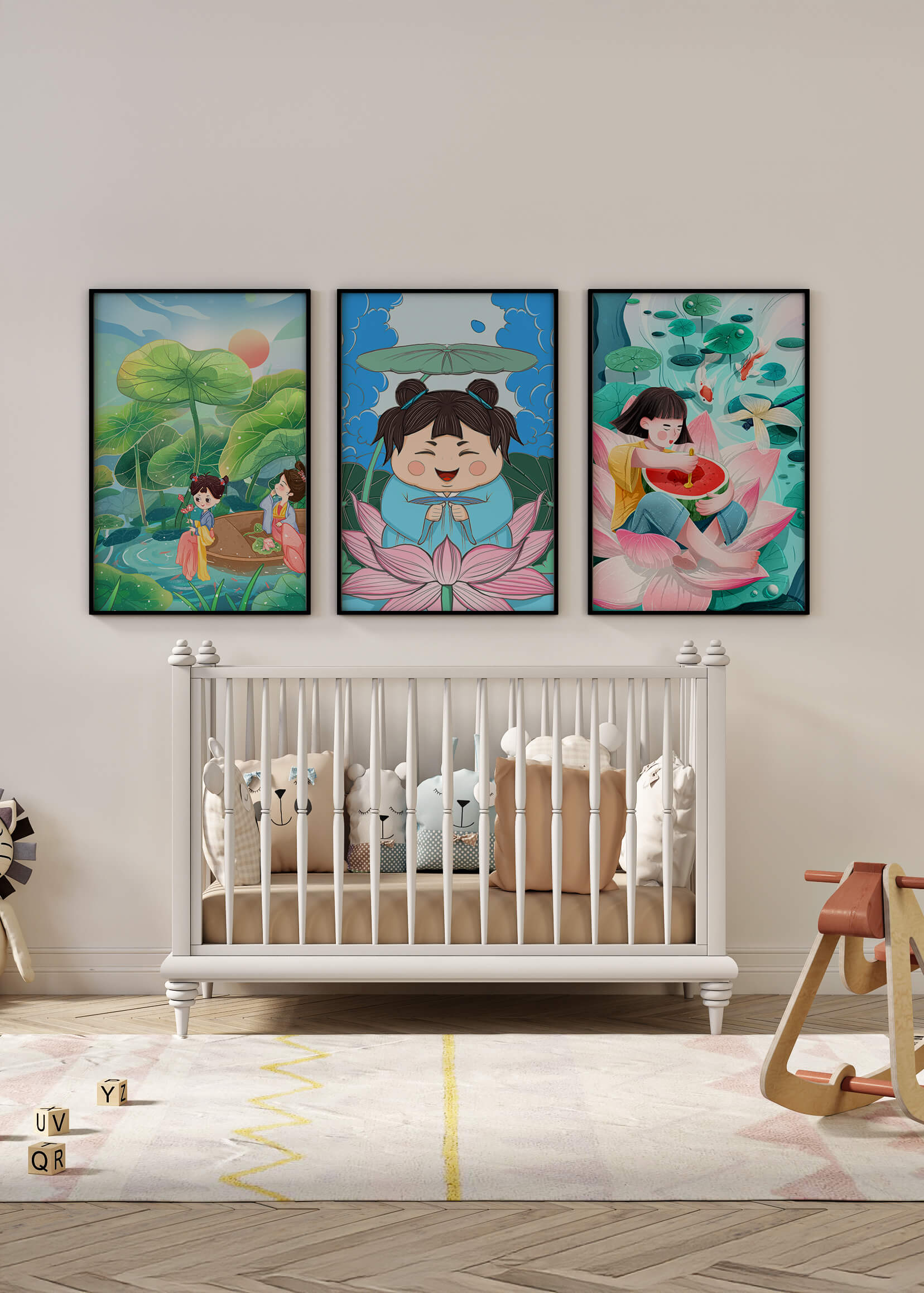 Trois illustrations d'enfants dans un style asiatique avec des éléments de la nature