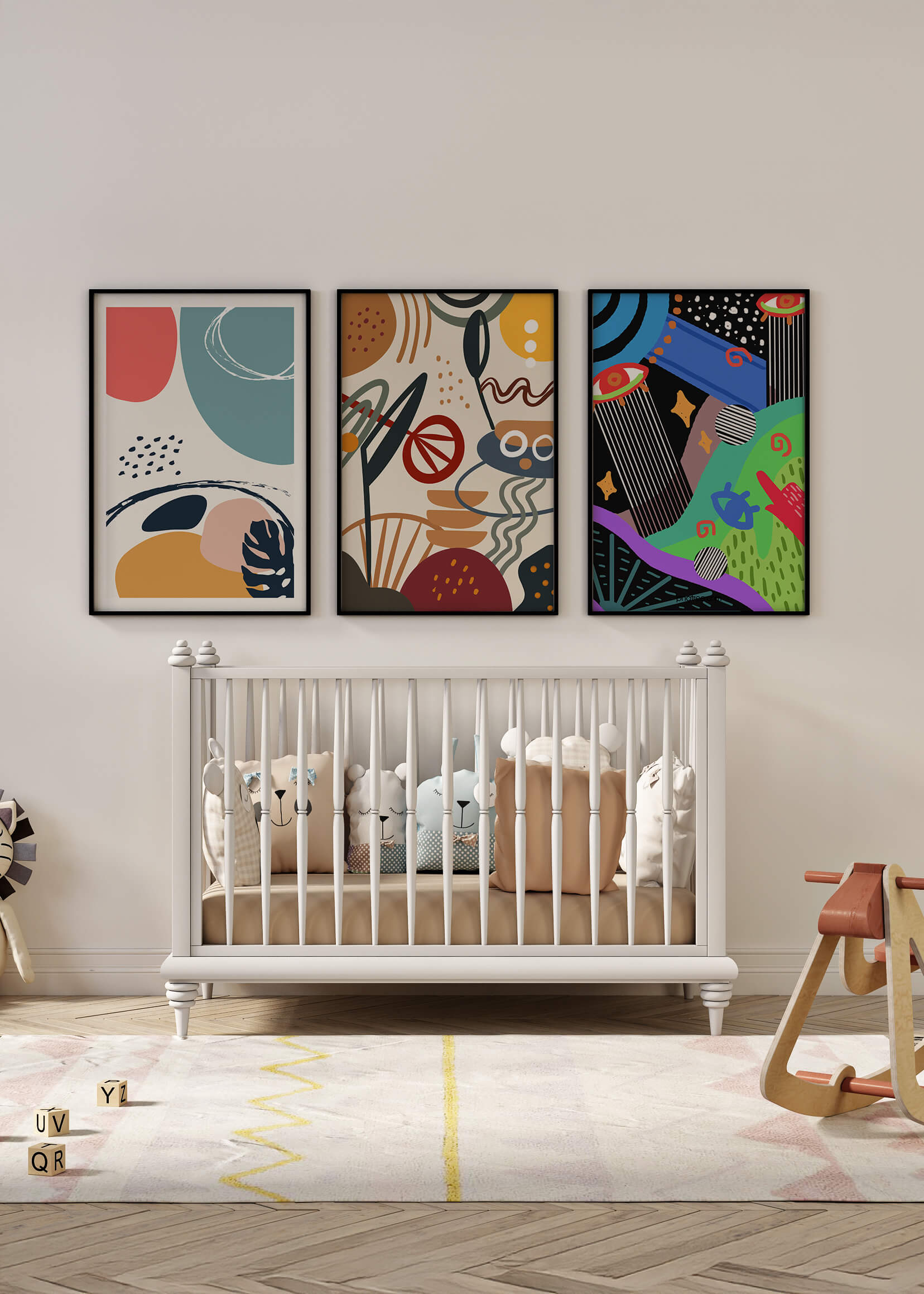 Ensemble de toiles abstraites modernes avec cadres en bois