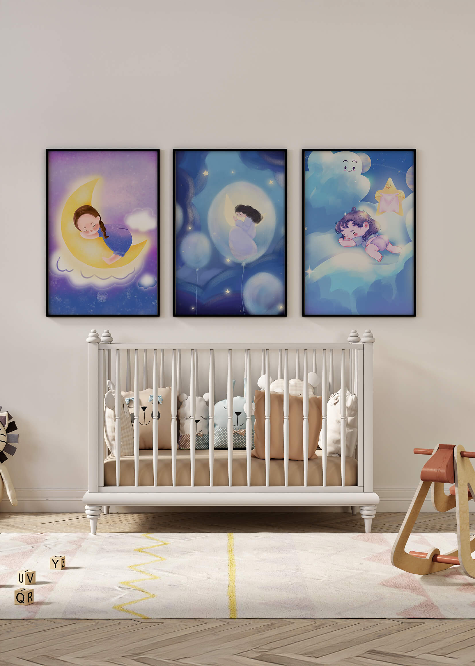 Images enfantines de rêves en couleurs pastel avec lune et nuages