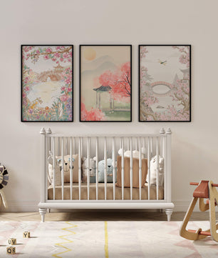 Triptyque oriental de paysages en tons pastels