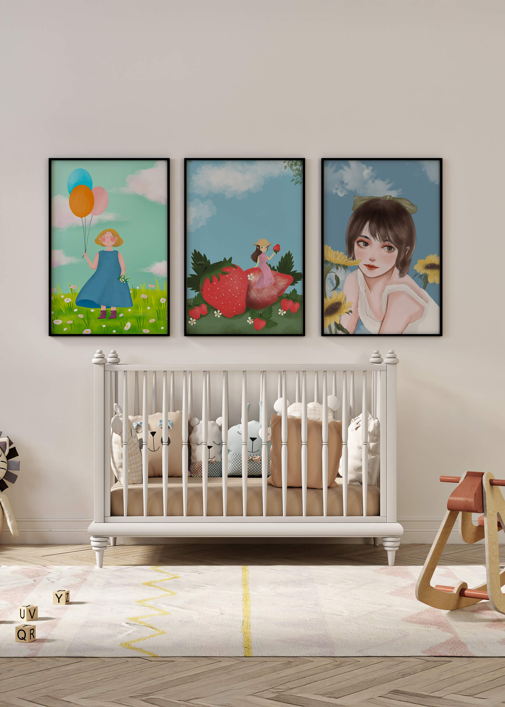Tríptico de Ilustraciones en Marcos de Madera