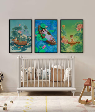 Art des enfants dans des bateaux avec des fleurs et de l'eau