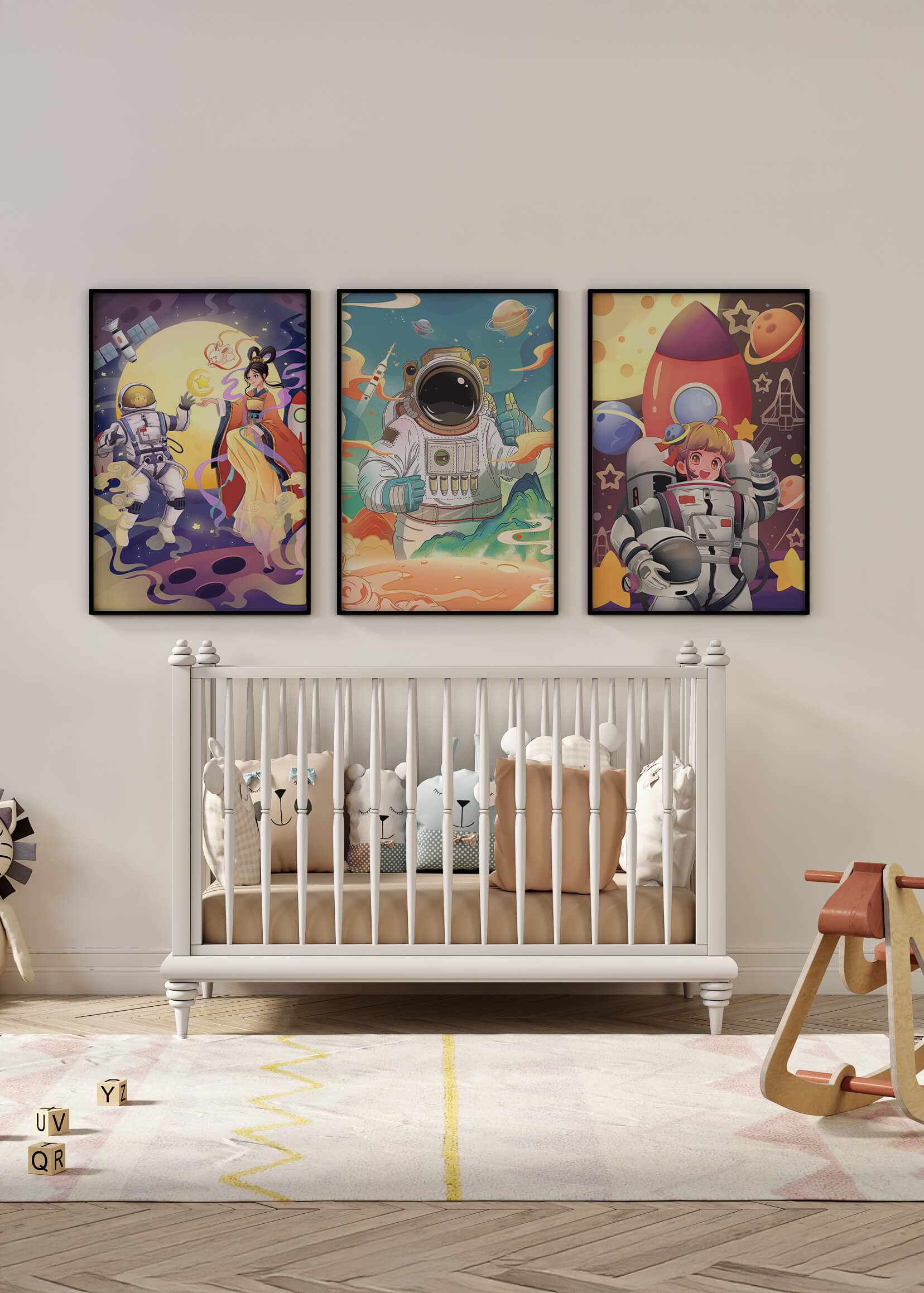 Bunte Weltraumszenen mit Astronautenfiguren und fantastischen Landschaften