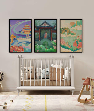 Asiatische Illustrationen mit floralen und architektonischen Elementen