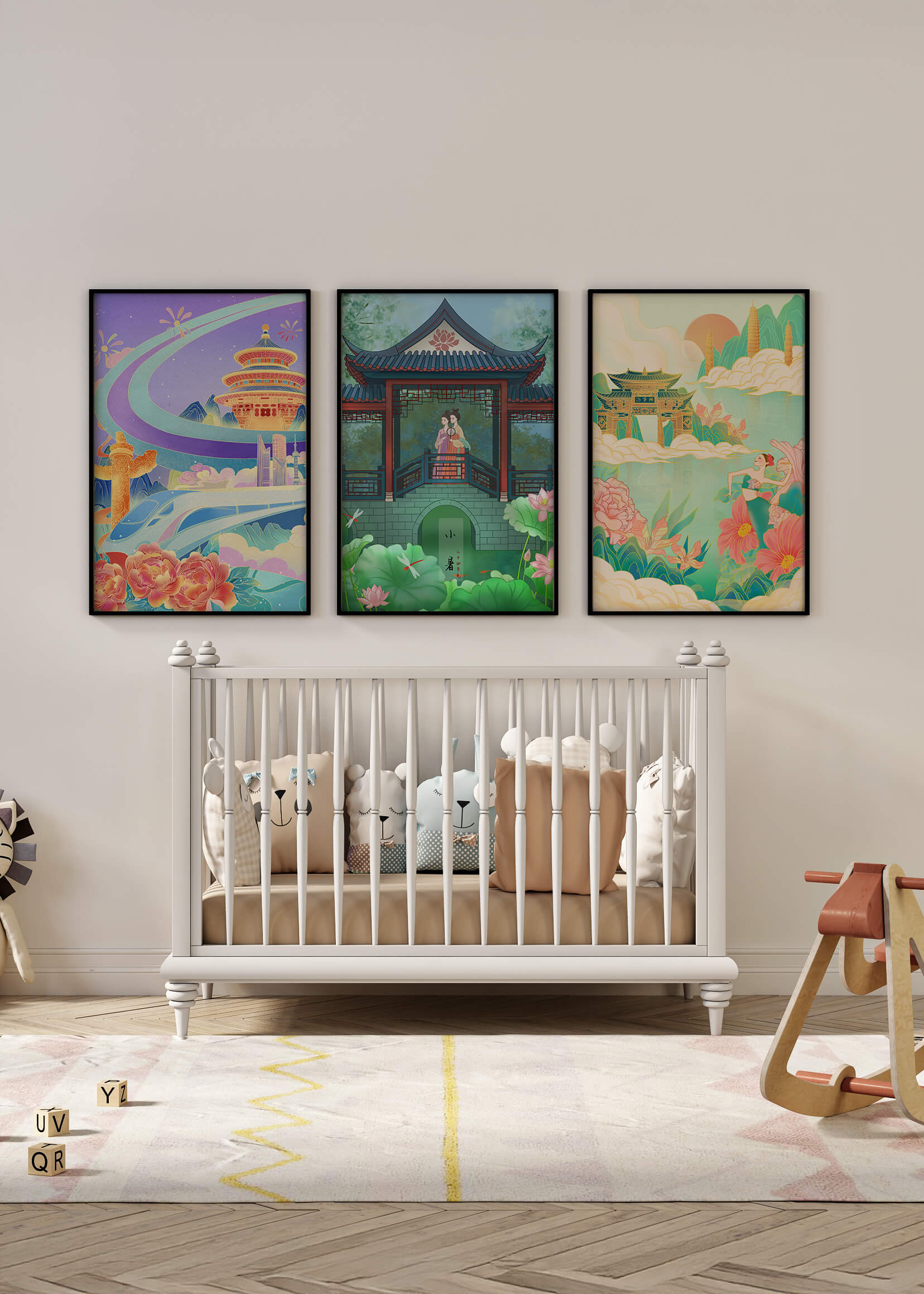 Asiatische Illustrationen mit floralen und architektonischen Elementen