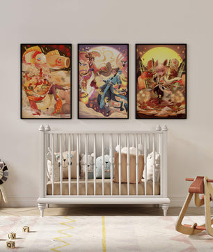 Triptyque d'art fantastique avec des personnages imaginaires