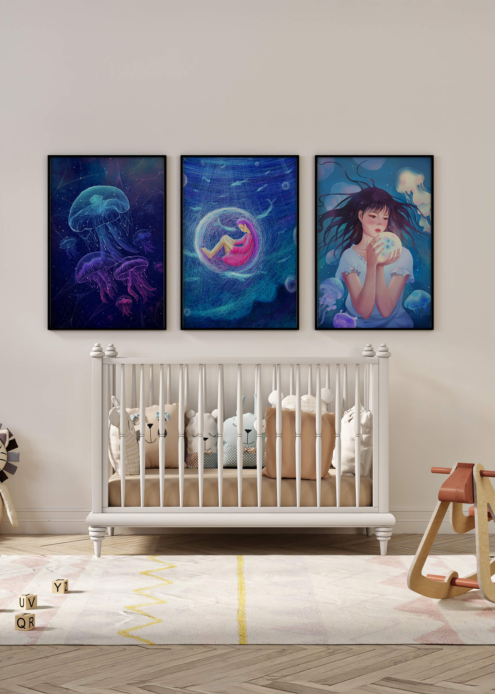 Conjunto de Lienzos con Ilustraciones de Medusas y Personajes