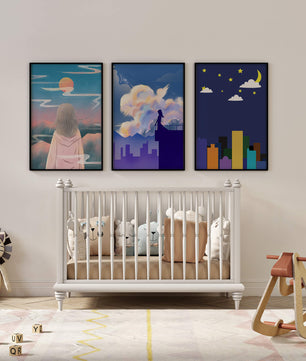 Ensemble de trois tableaux modernes avec des paysages imaginaires