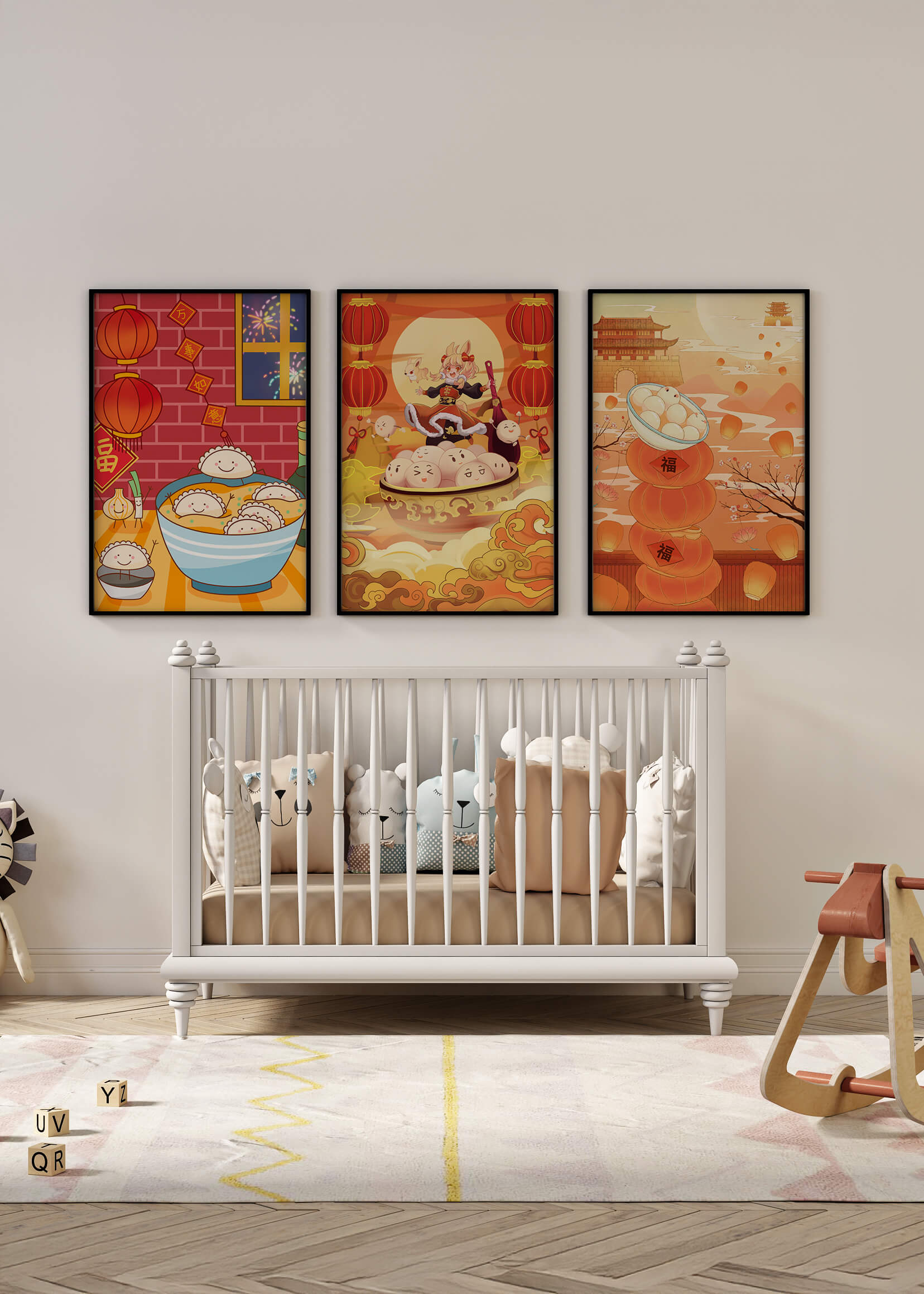 Illustrationen orientalischer Medien mit Festtagsmotiven und Kaninchen