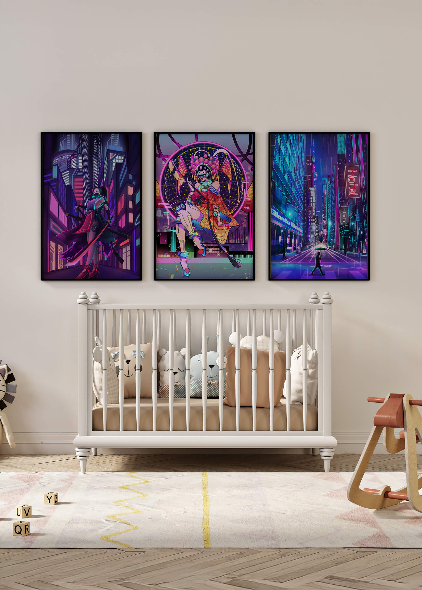 Neon-Futuristisches Triptychon rahmenlos