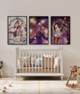 Triptyque d’art anime avec estampes de personnages en kimono