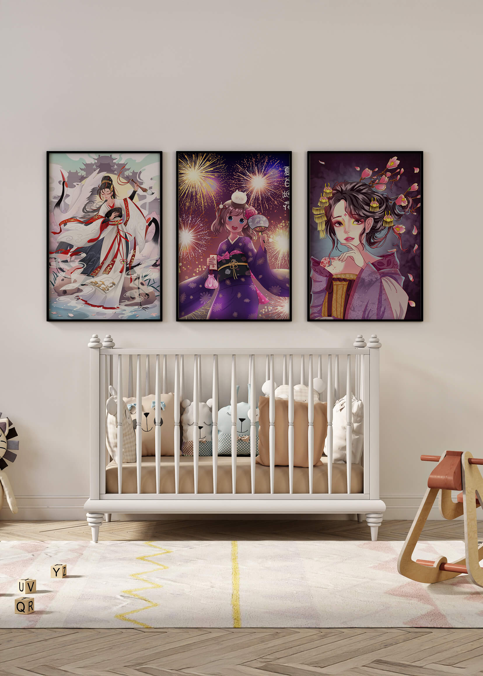 Tríptico de Arte Anime con Estampas de Personajes en Kimono