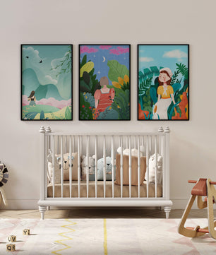 Ensemble de trois œuvres d'art colorées avec des paysages naturels et des figures humaines