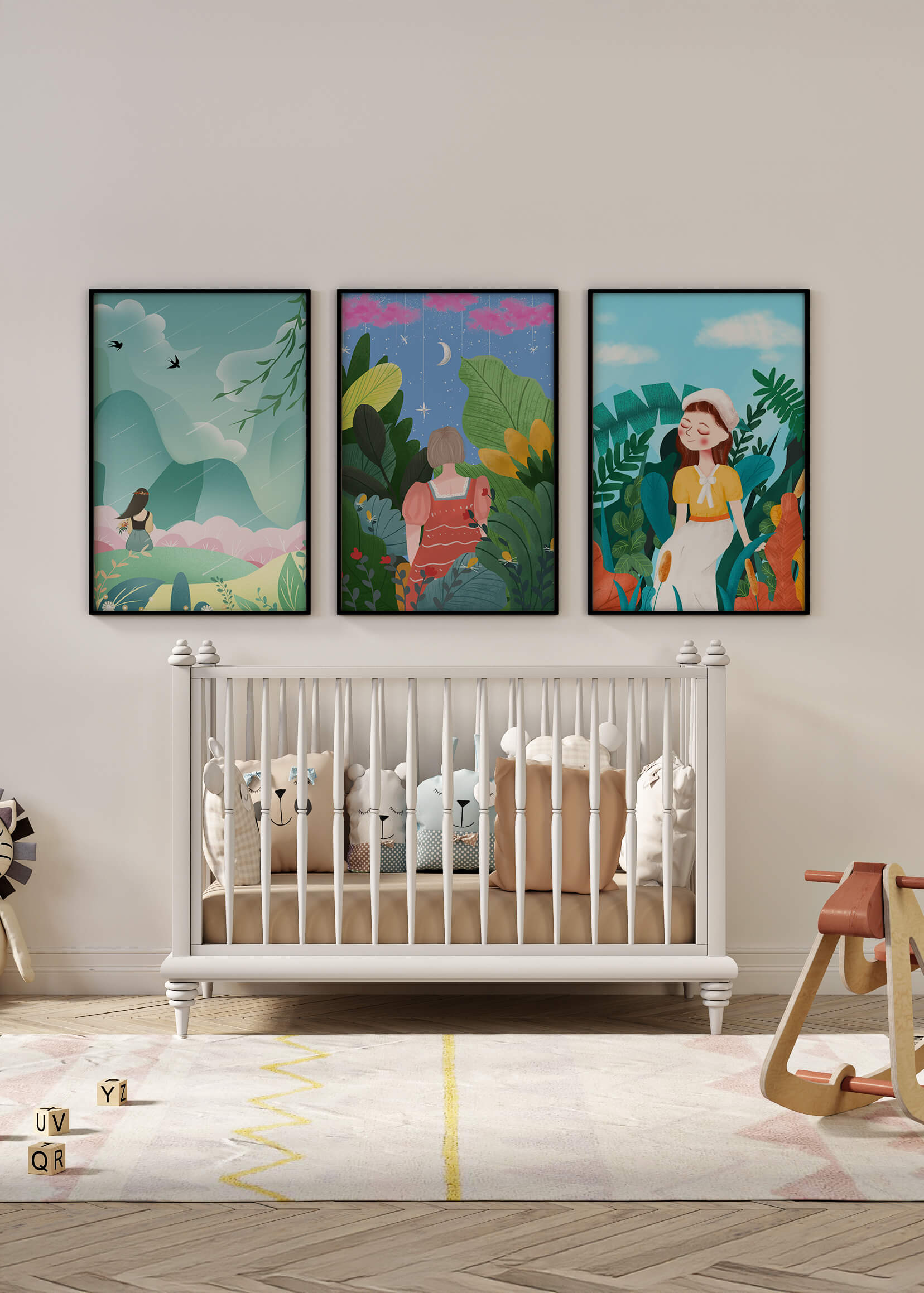 Conjunto De Tres Obras De Arte Coloridas Con Paisajes Naturales Y Figuras Humanas