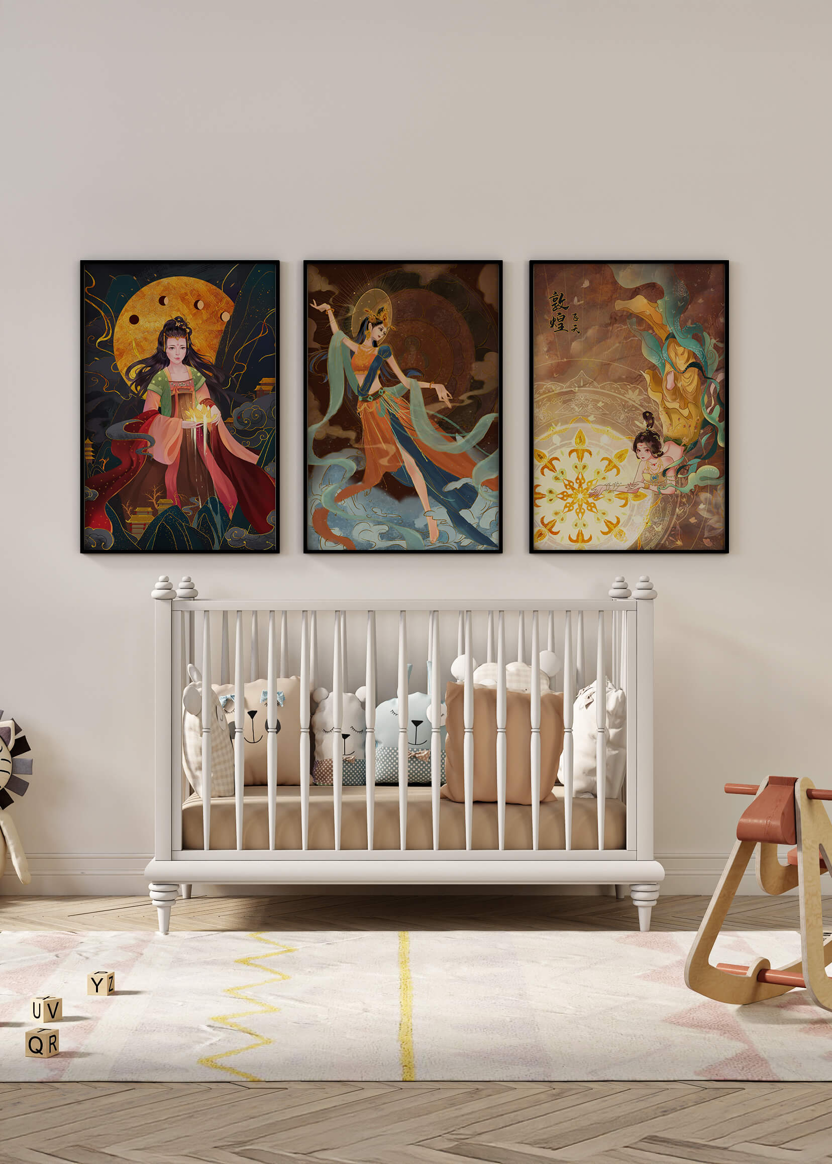 Impresiones de arte asiático con figuras femeninas y elementos dorados