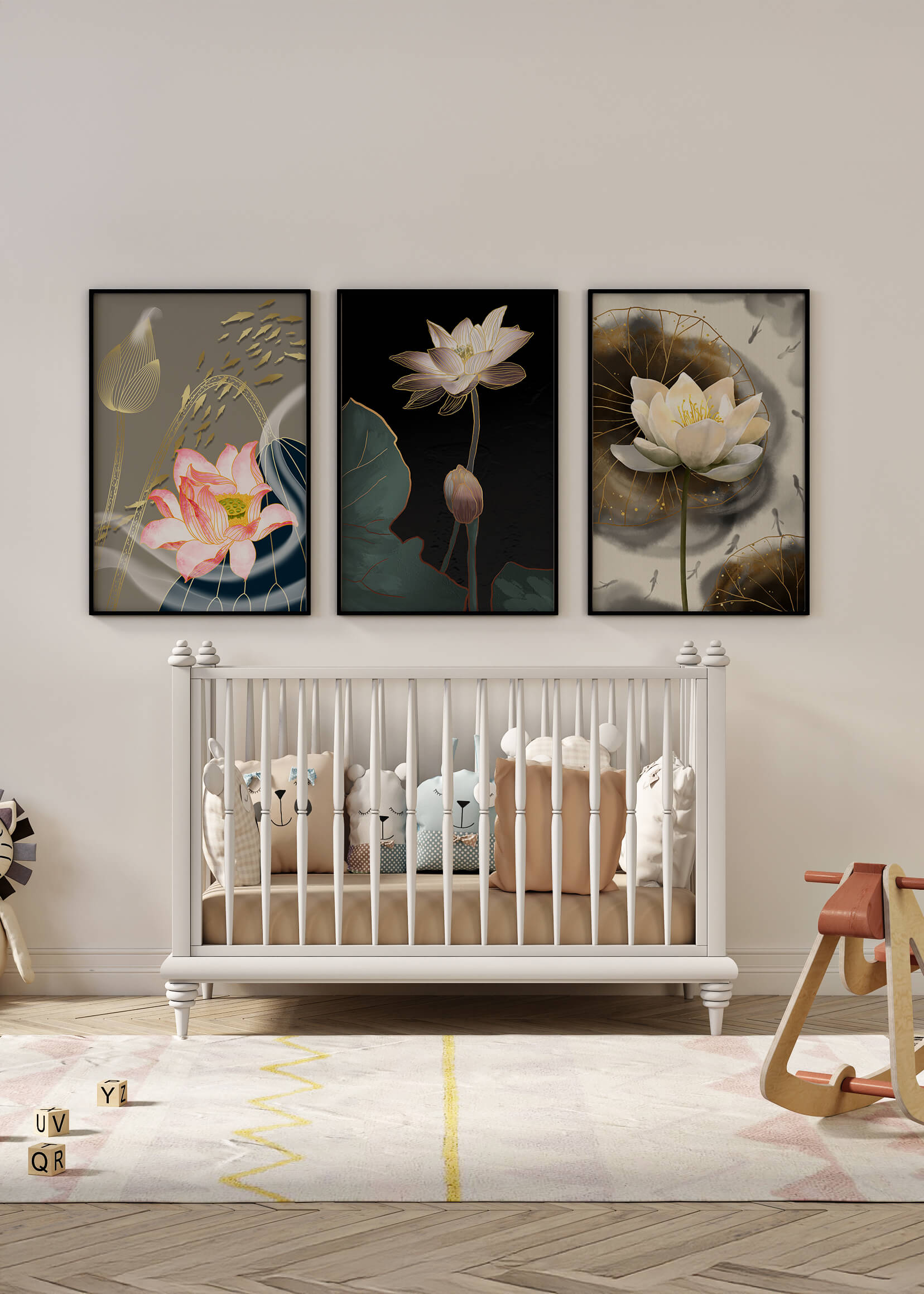 Impressions élégantes de fleurs de lotus avec finition dorée