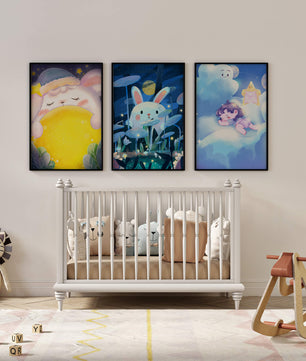 Illustrations de lapin et d'enfant dans un environnement nocturne