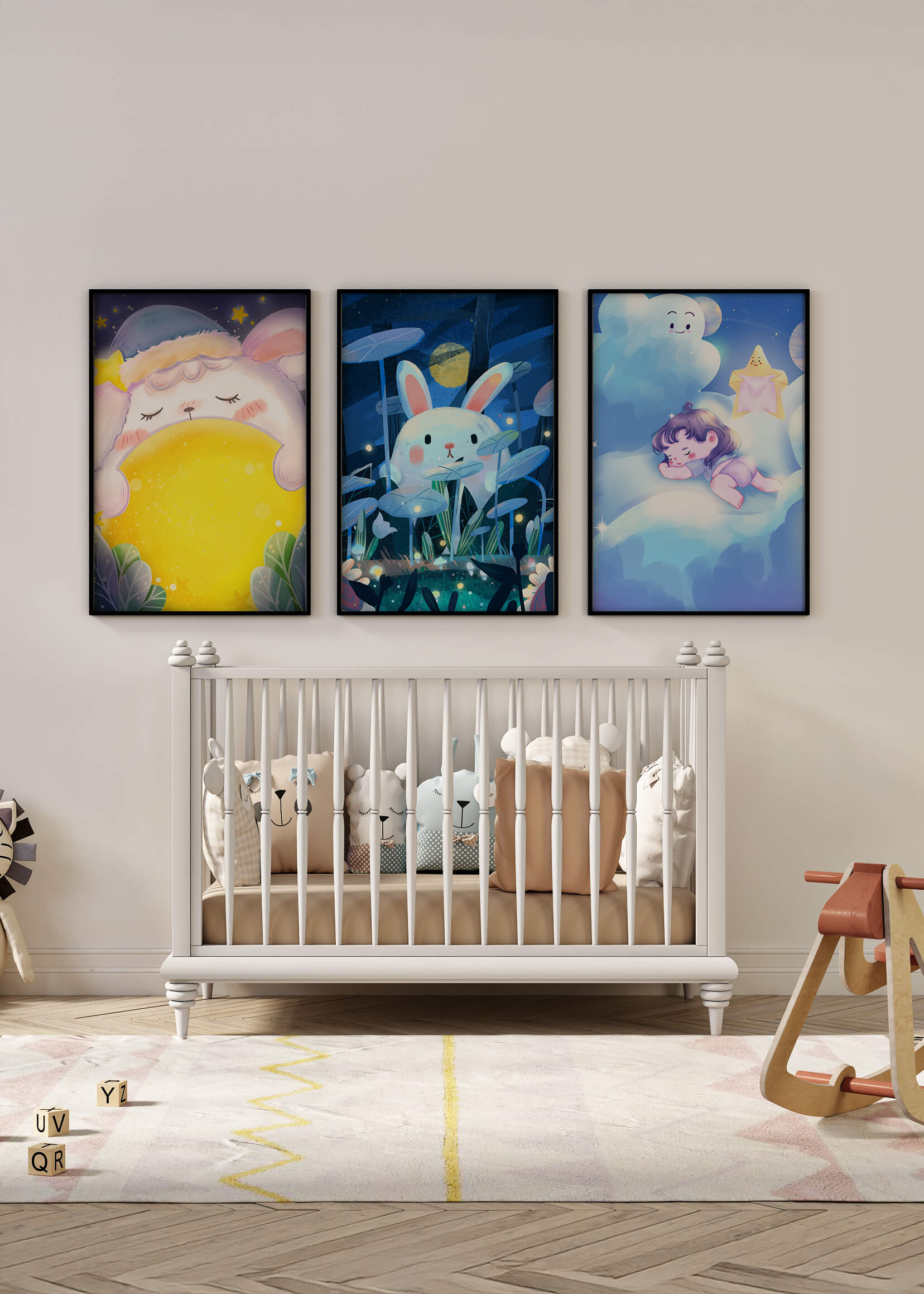Illustrations de lapin et d'enfant dans un environnement nocturne