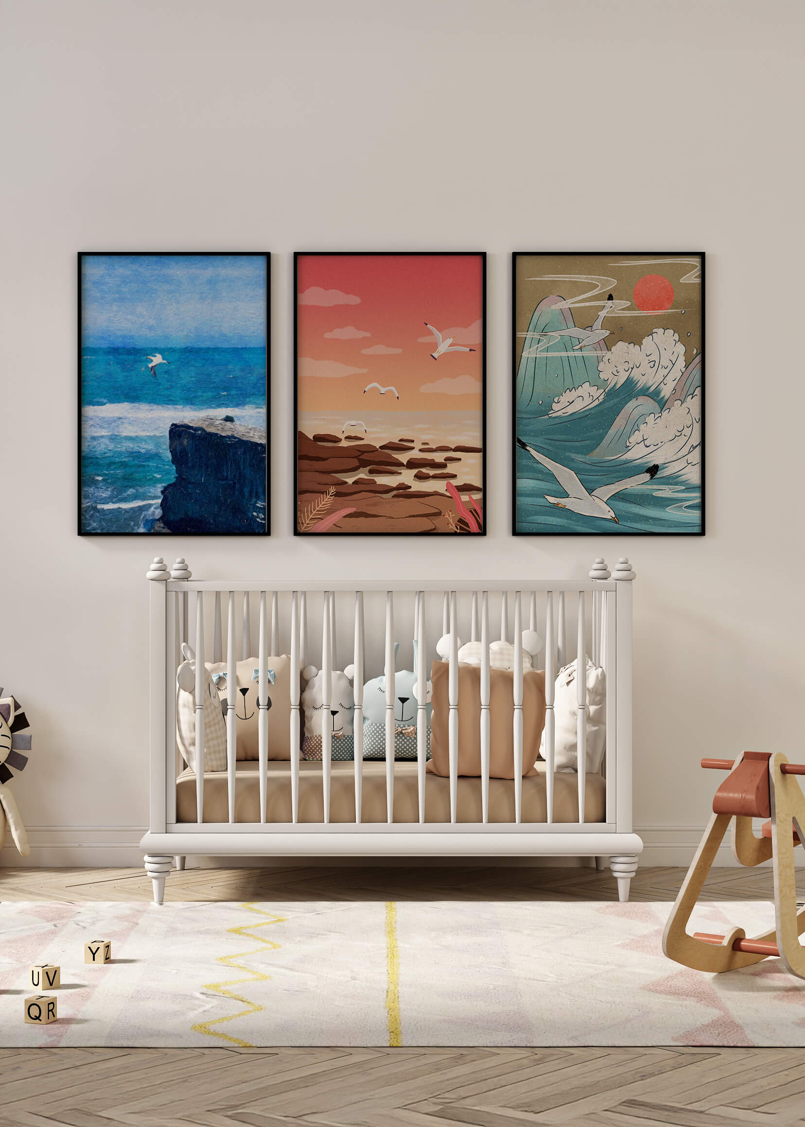 Tríptico de Paisajes Marinos con Aves