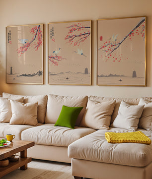 Ensemble d'art oriental avec grues et fleurs de cerisier