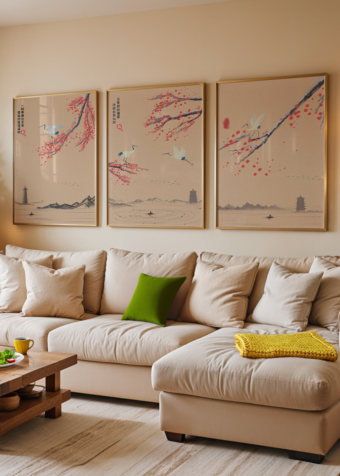 Conjunto De Arte Oriental Con Grullas Y Flores De Cerezo