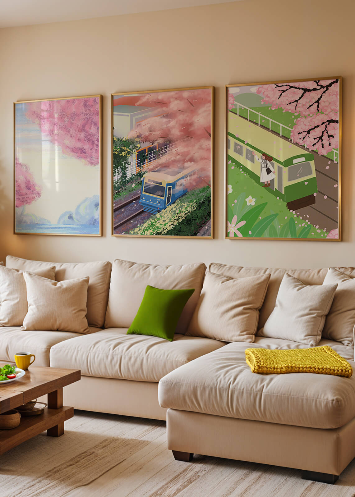 Ensemble de trois tableaux avec des paysages de cerisiers et des trains