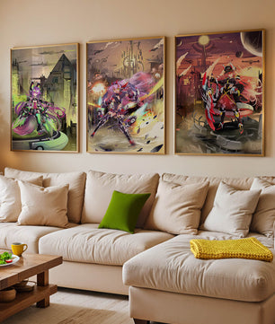 Trio d’illustrations futuristes dans des cadres de couleur claire