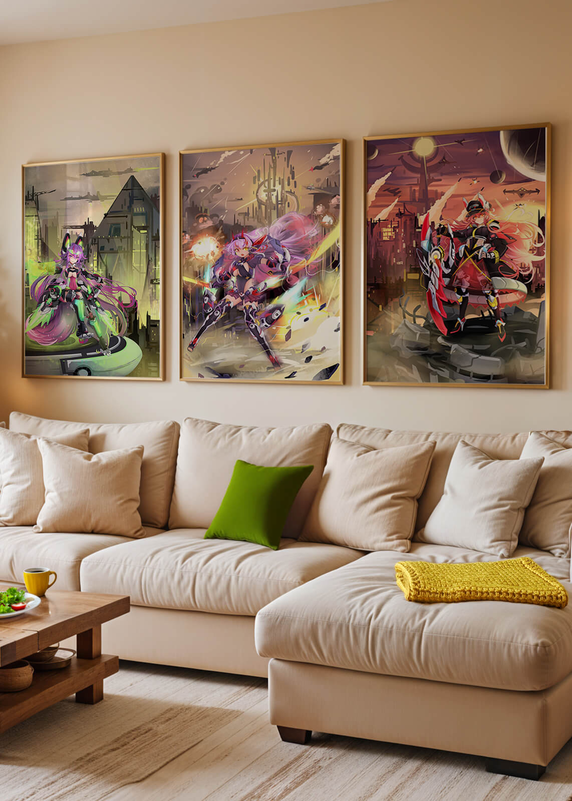 Trio d’illustrations futuristes dans des cadres de couleur claire