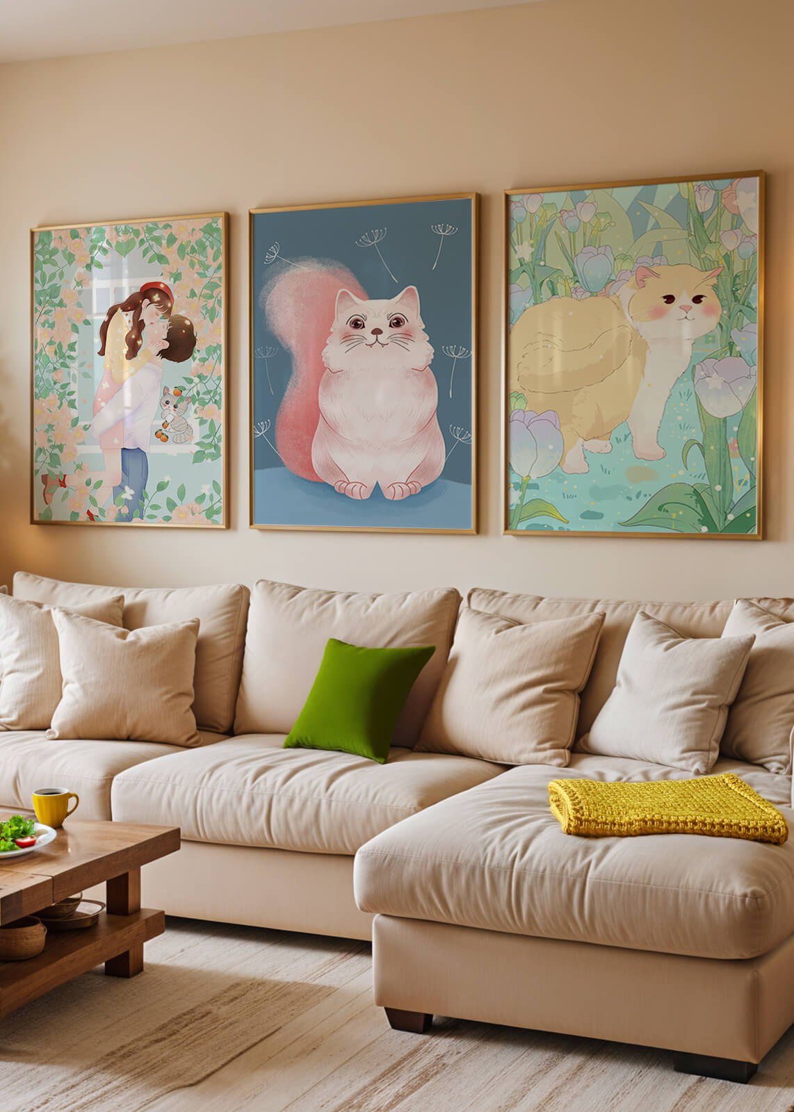 Ensemble de trois tableaux avec des chats et un design floral dans des tons pastel