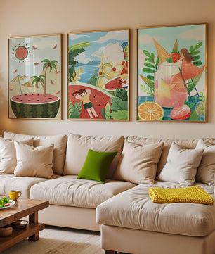 Ensemble d'illustrations estivales avec des fruits et des scènes tropicales