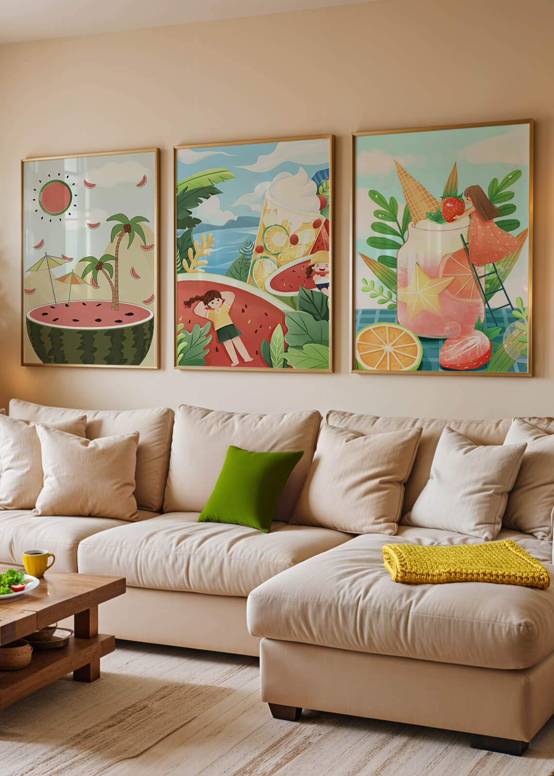 Conjunto de Ilustraciones Veraniegas con Frutas y Escenas Tropicales