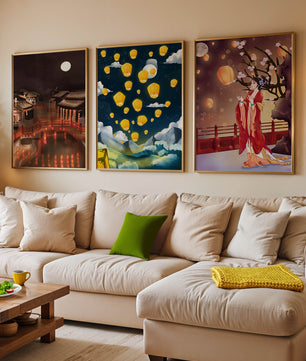 Ensemble de toiles avec éléments asiatiques et lanternes lumineuses