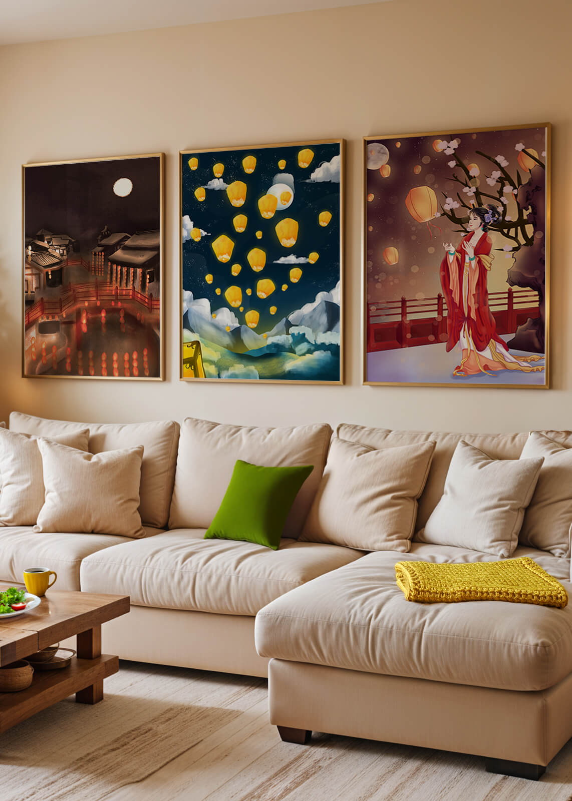 Ensemble de toiles avec éléments asiatiques et lanternes lumineuses