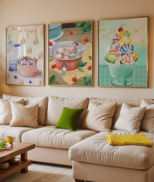 Triptyque coloré d’art culinaire pour enfants sur mur
