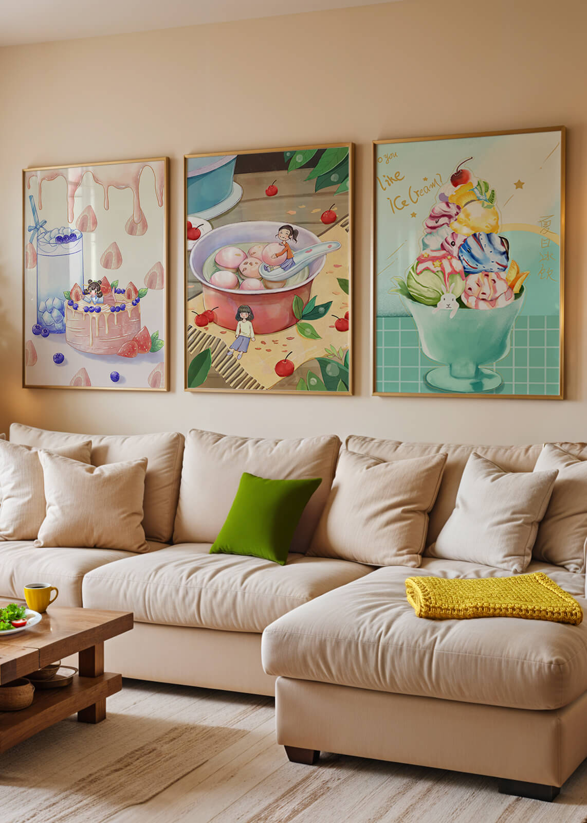 Tríptico Colorido de Arte Culinario Infantil en Pared