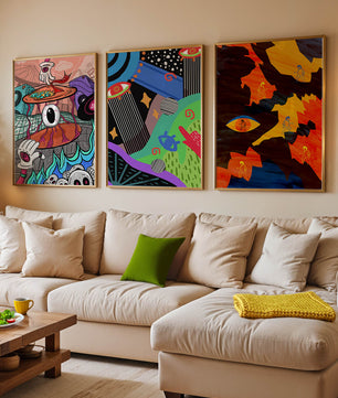 Tríptico de Arte Contemporáneo sin Marco con Estilo Pop y Abstracto