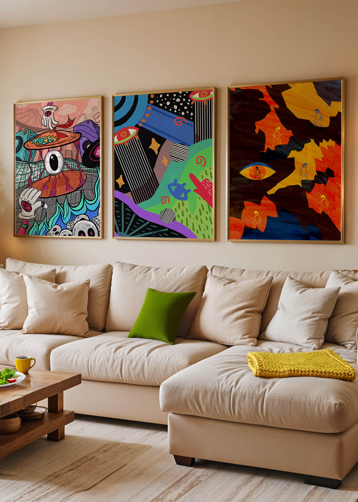 Tríptico de Arte Contemporáneo sin Marco con Estilo Pop y Abstracto
