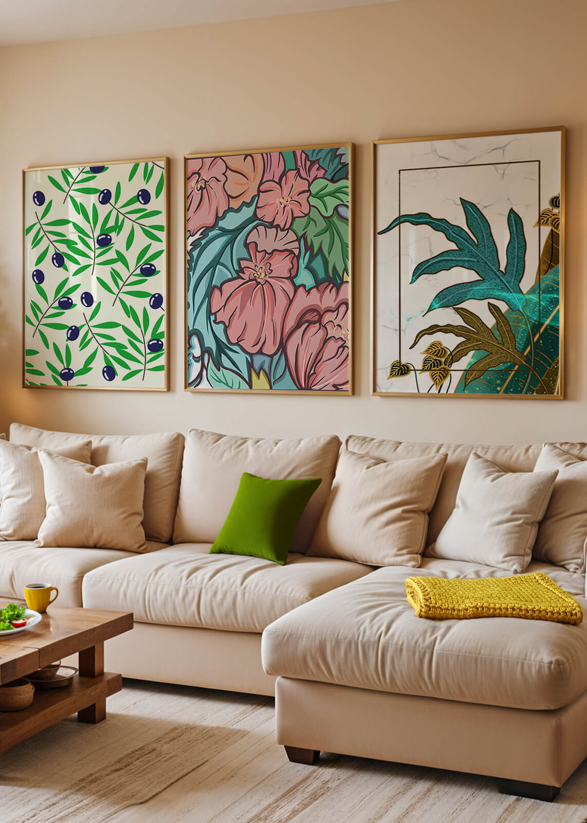 Impressions florales et tropicales sans cadre dans un salon moderne
