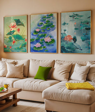 Triptyque d'aquarelles de fleurs de lotus au design moderne