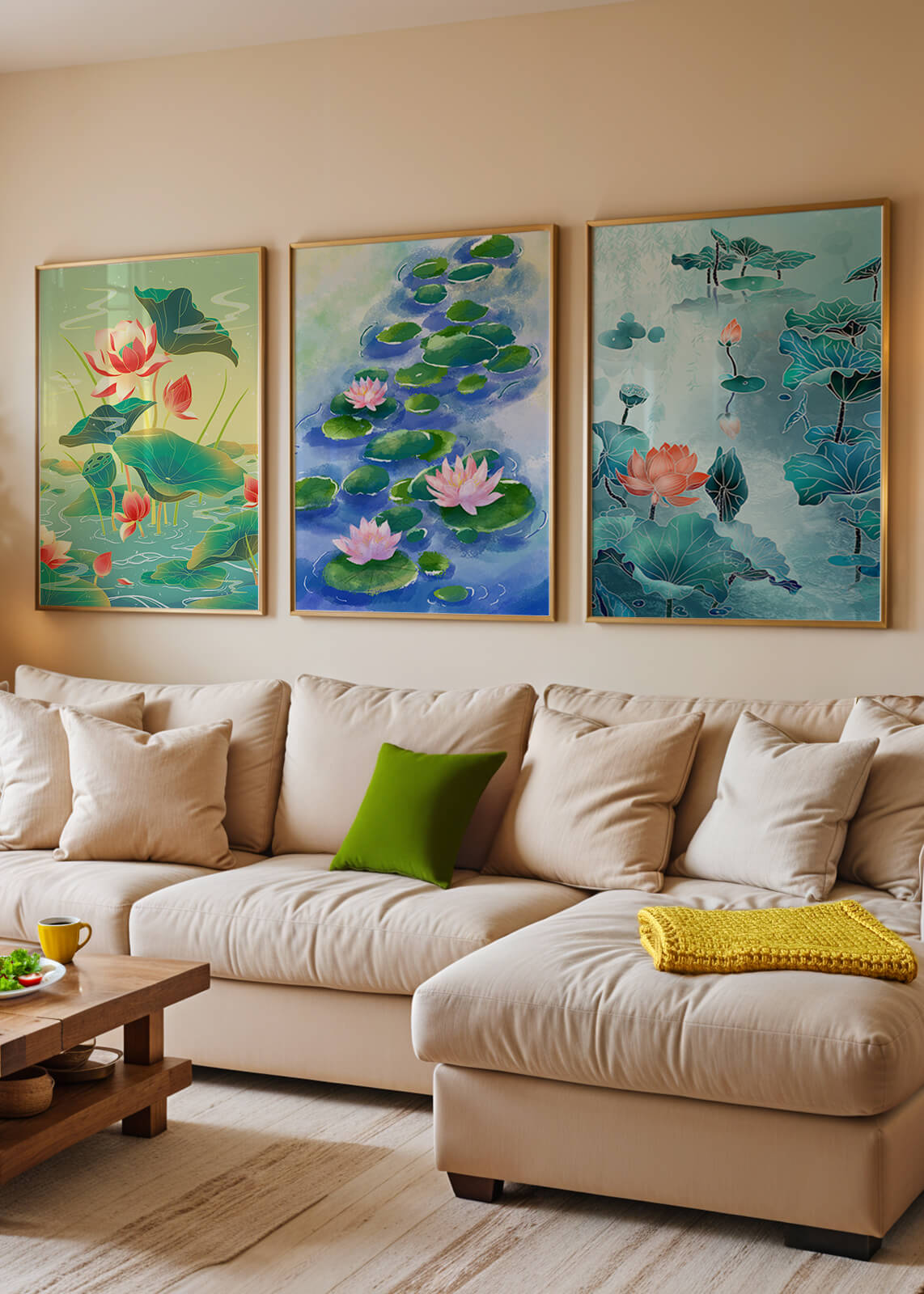 Tríptico de acuarelas de flores de loto en diseño moderno