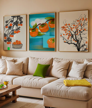 Tableaux avec motifs de kakis dans des tons orange et bleu