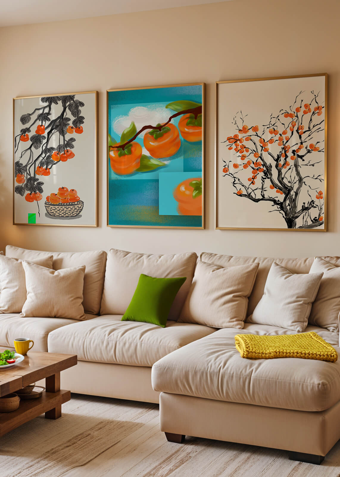 Cuadros Con Motivos De Caquis En Tonos Naranjas Y Azules