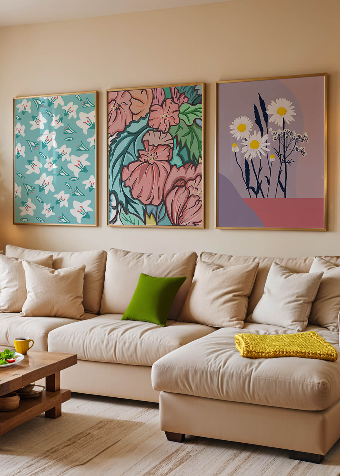 Mur avec trois tableaux de fleurs colorées dans un style moderne