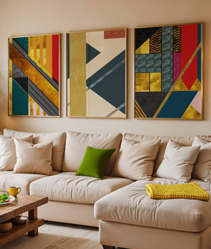 Conjunto de Tres Lienzos Abstractos Geométricos en Colores Vivos y Elementos Dorados