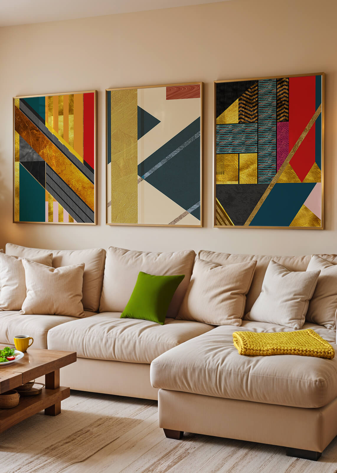 Conjunto de Tres Lienzos Abstractos Geométricos en Colores Vivos y Elementos Dorados