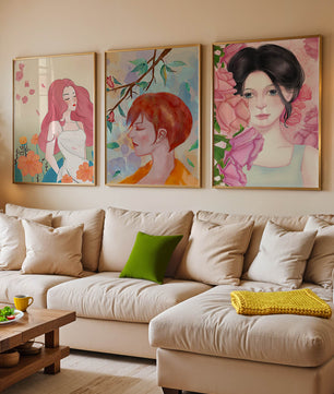 Peintures modernes de femmes avec fleurs en décoration intérieure