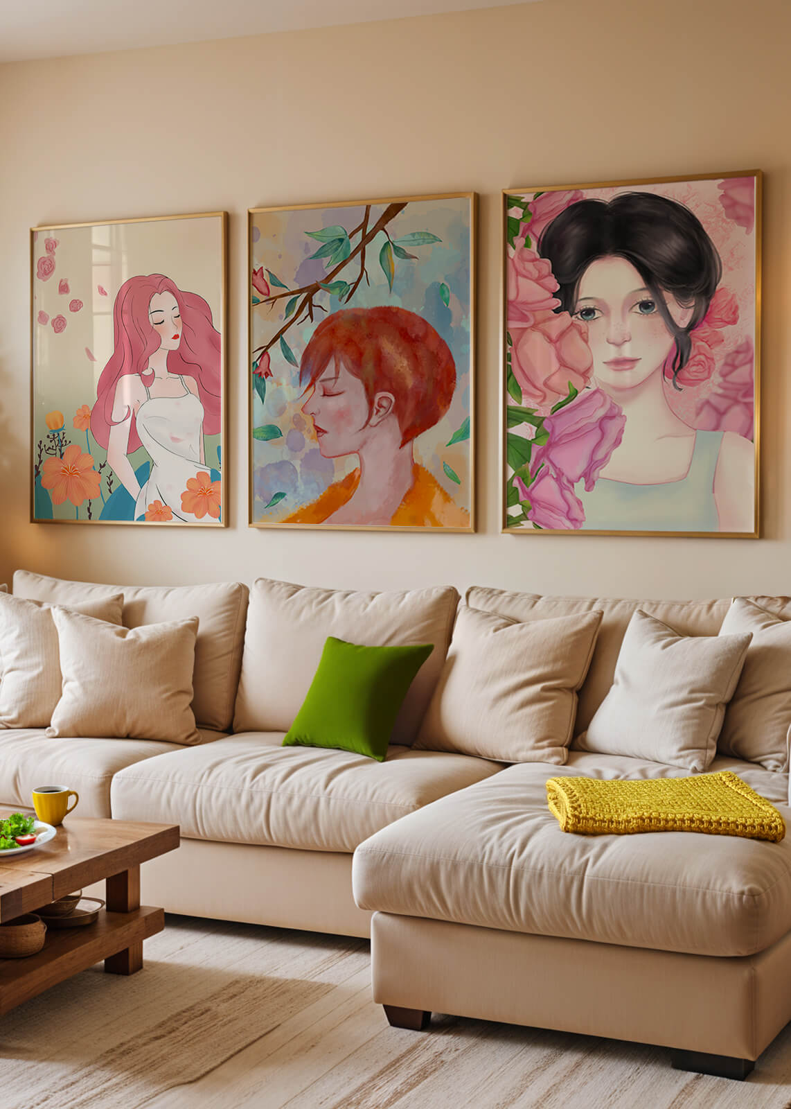 Peintures modernes de femmes avec fleurs en décoration intérieure