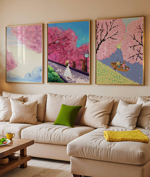 Peintures de fleurs de cerisier encadrées avec de magnifiques paysages