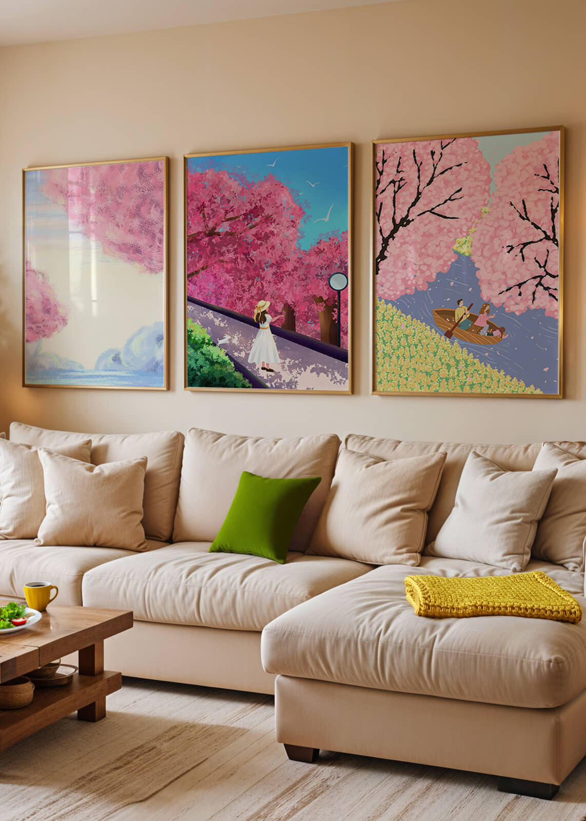 Peintures de fleurs de cerisier encadrées avec de magnifiques paysages