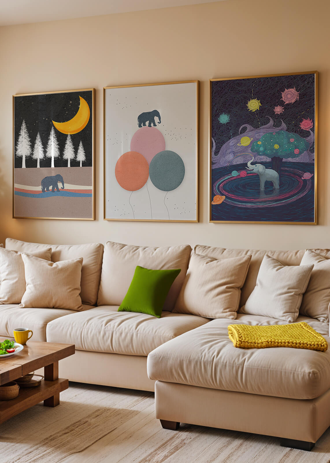 Tríptico de Ilustraciones con Motivos de Elefantes y Paisajes Fantásticos